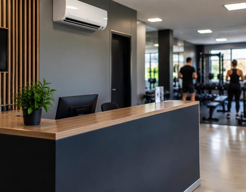 Recepção de academia climatizada com split na parede