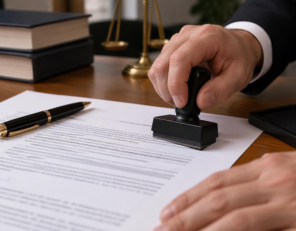 Documento oficial sendo carimbado sobre mesa de escritório
