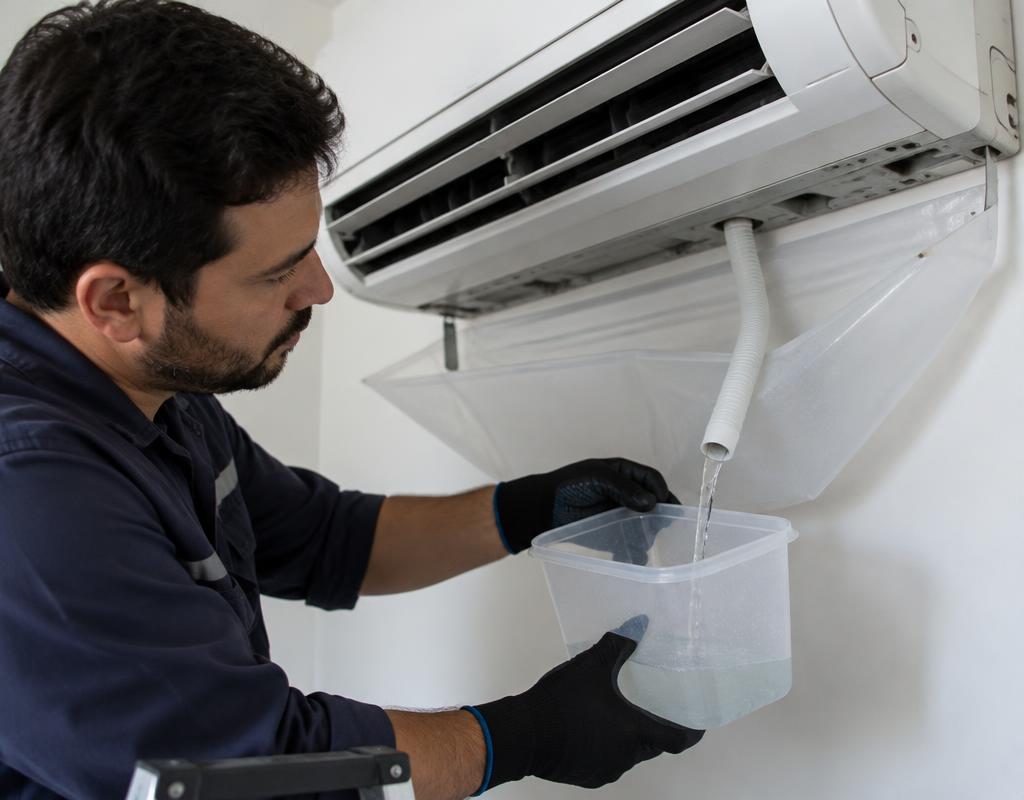 Técnico verificando dreno de condensado de evaporadora split