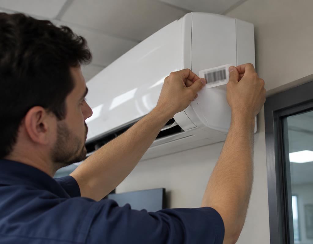 Técnico colando etiqueta de identificação em evaporadora split