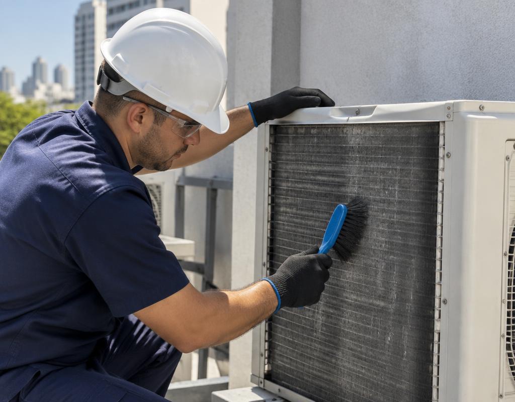 Técnico limpando serpentina de condensadora em área externa