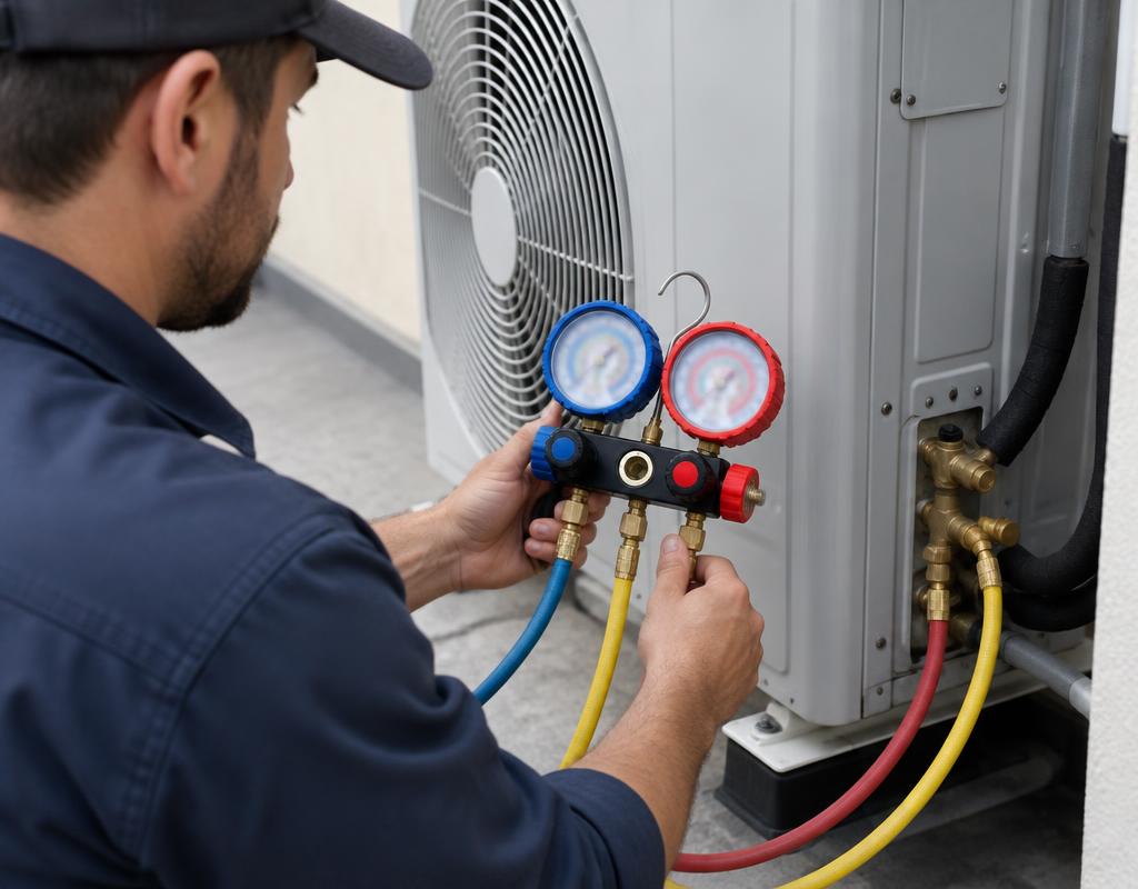 Técnico medindo pressão com manifold na condensadora