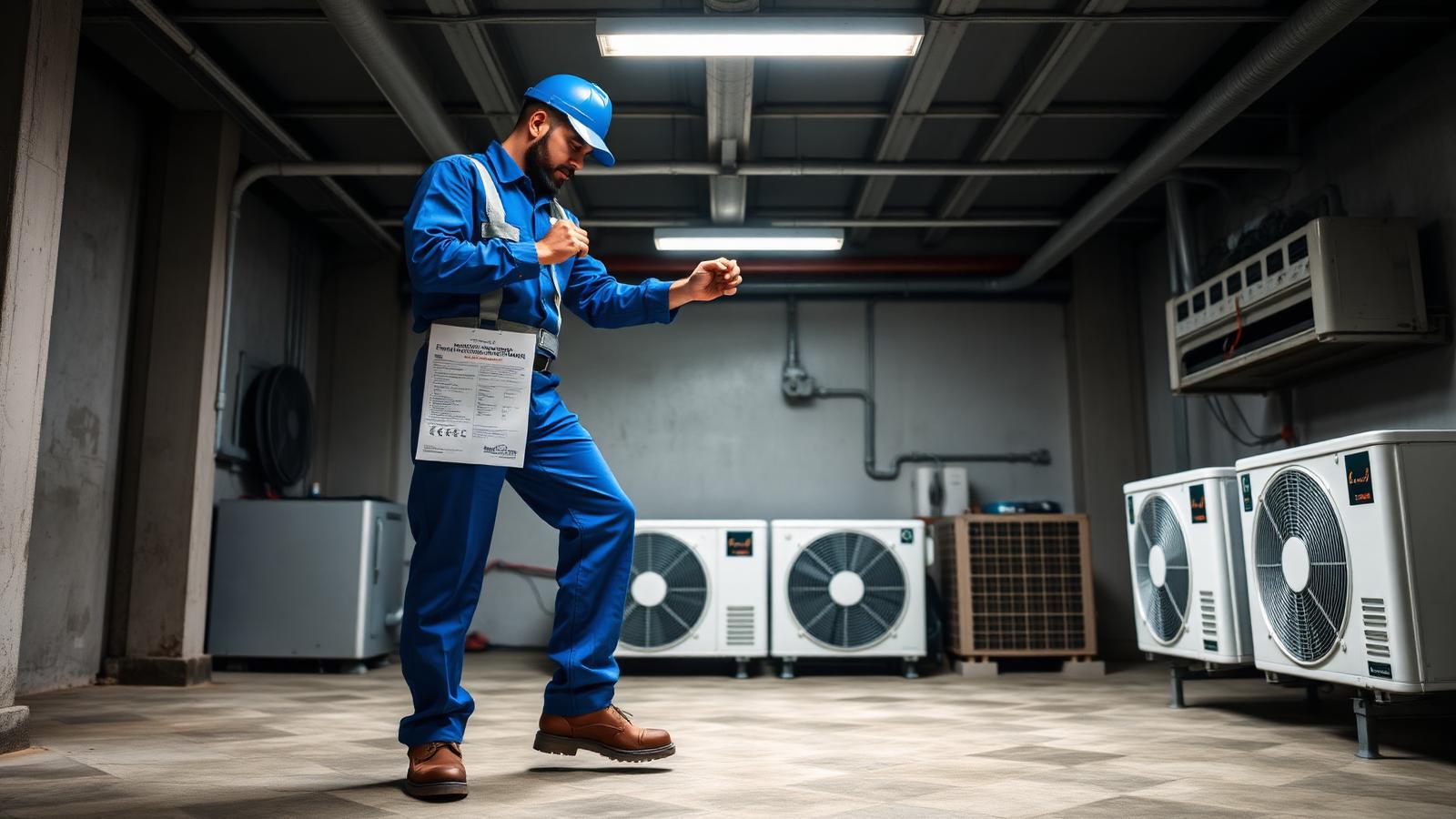 Técnico de refrigeração em casa de máquinas registrando manutenção em prancheta, com fancoils ao fundo