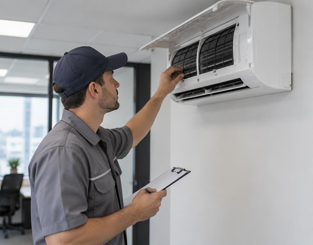 Técnico com prancheta de checklist inspecionando evaporadora de ar-condicionado