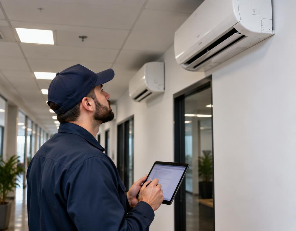 Técnico com tablet conferindo splits em corredor de empresa