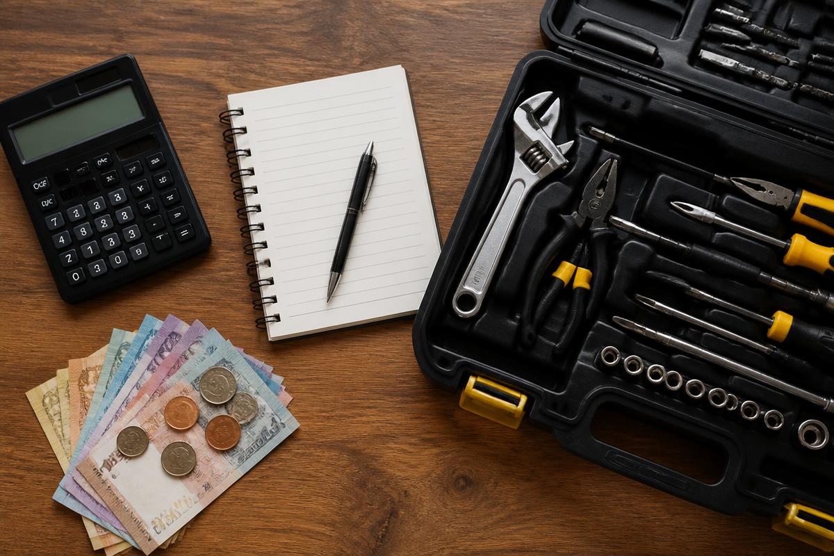 Calculadora, caderno, dinheiro e maleta de ferramentas sobre a mesa vistos de cima