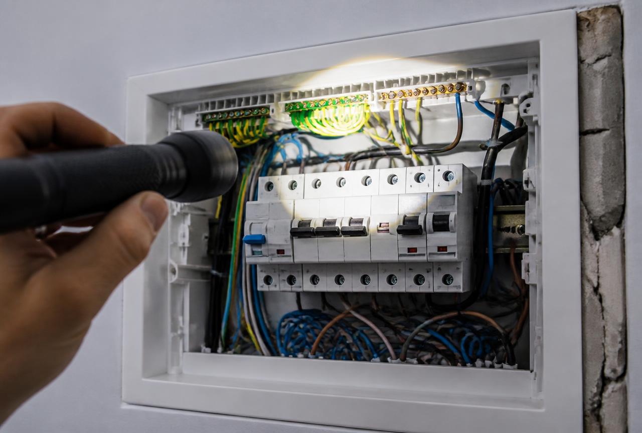 Quadro de distribuição residencial aberto com disjuntores e dispositivo DR.