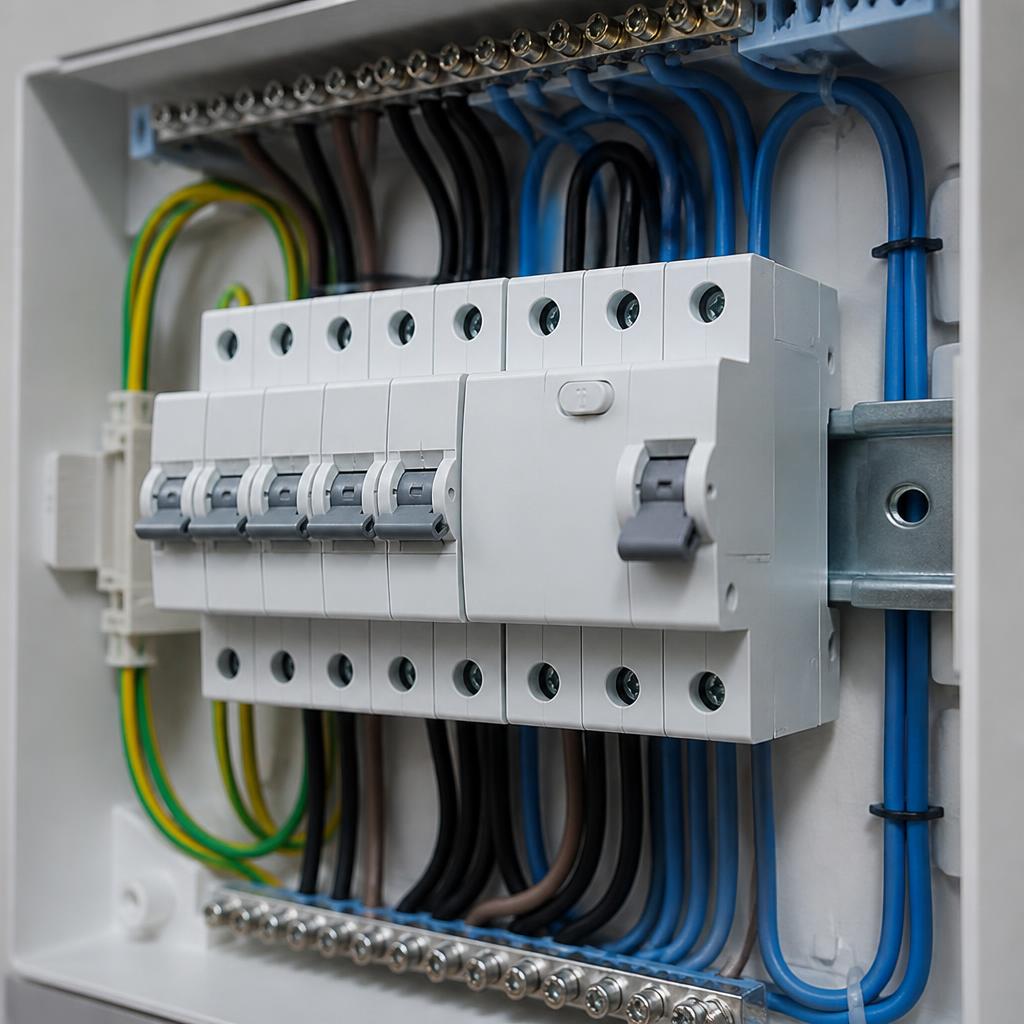 Quadro elétrico residencial brasileiro com disjuntores termomagnéticos e um dispositivo diferencial residual (DR) instalados em trilho DIN