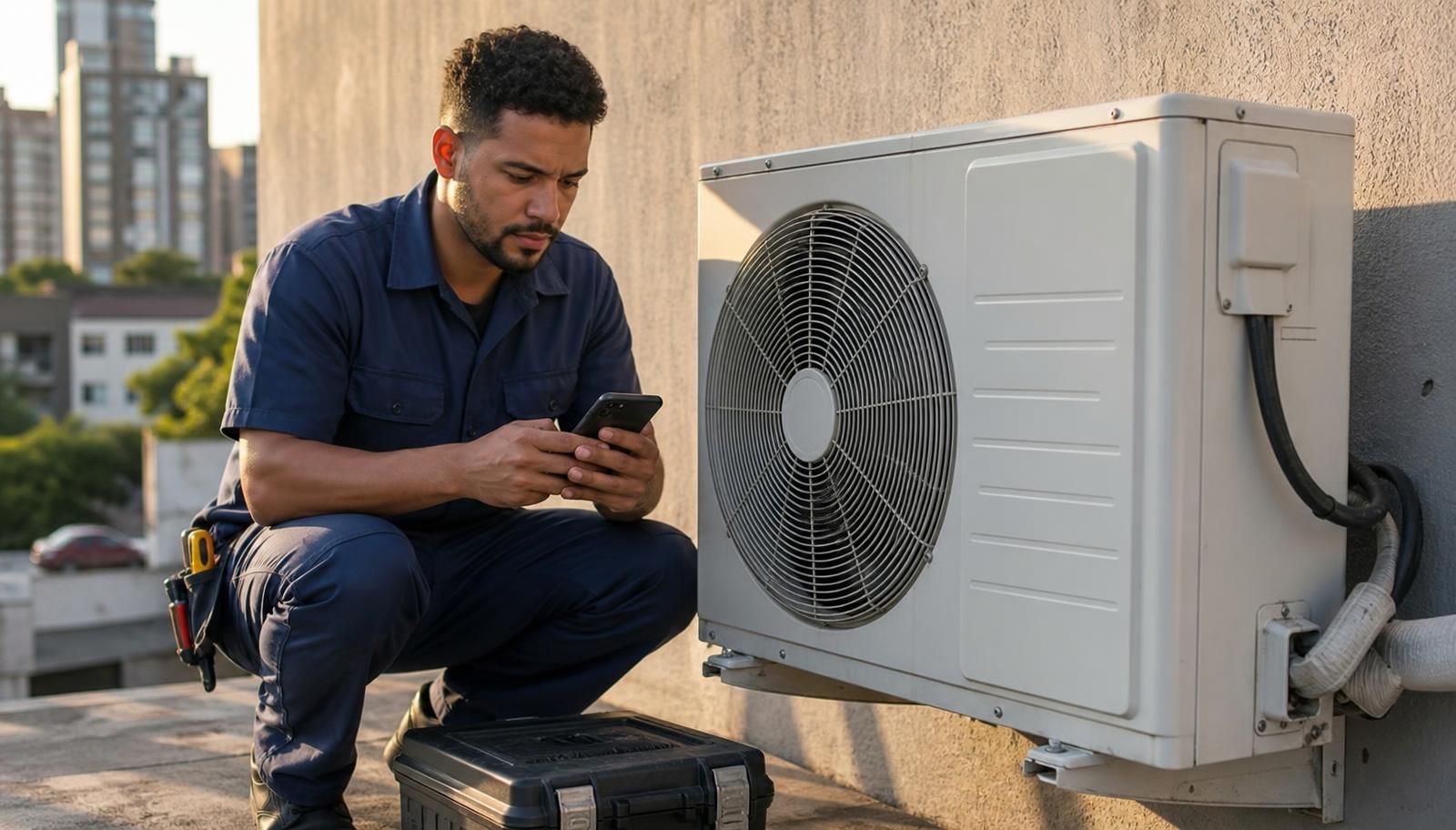 Técnico de refrigeração conferindo ordem de serviço no celular em frente a câmara fria comercial
