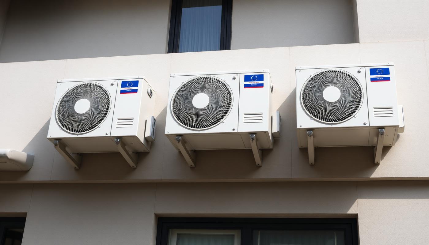 Três condensadoras (unidades externas) de ar-condicionado split alinhadas na fachada de um edifício.
