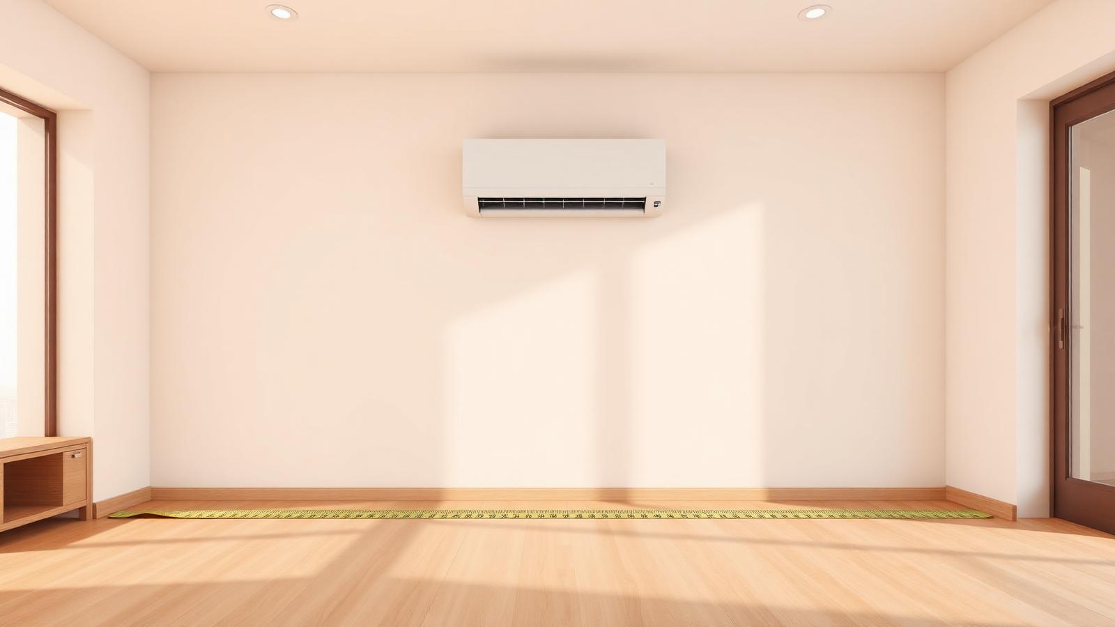 Sala vazia com ar-condicionado split na parede e trena estendida no chão medindo a largura do cômodo.