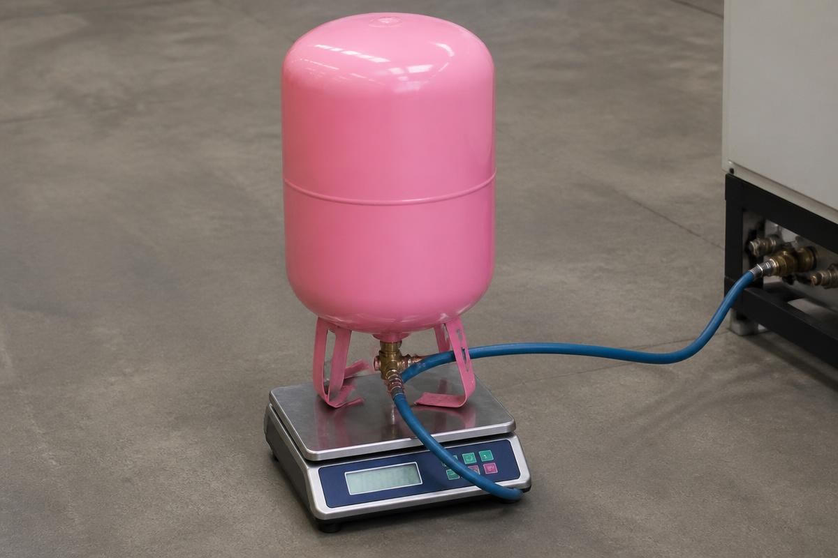 Cilindro rosa de gás refrigerante posicionado invertido sobre uma balança digital de refrigeração, com mangueira azul conectada à válvula