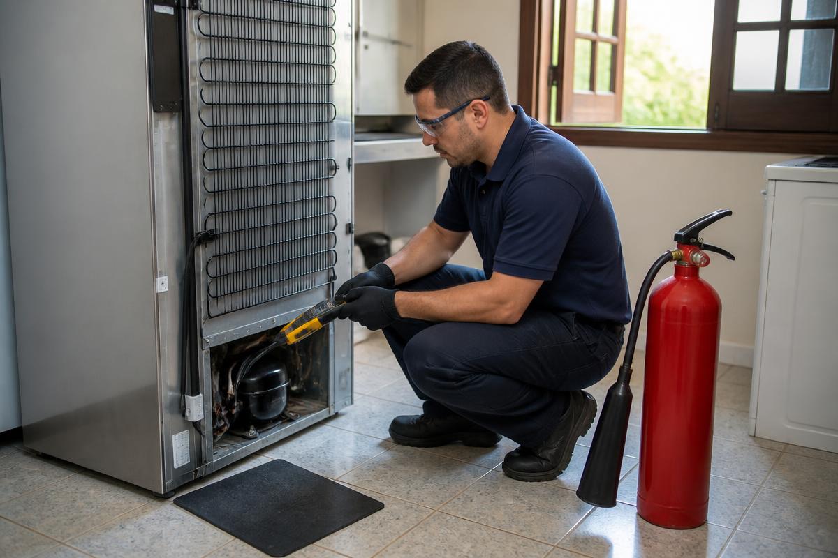 Bancada de refrigeração ventilada para trabalho com R-600a, com detector de gás combustível, EPI e extintor próximo