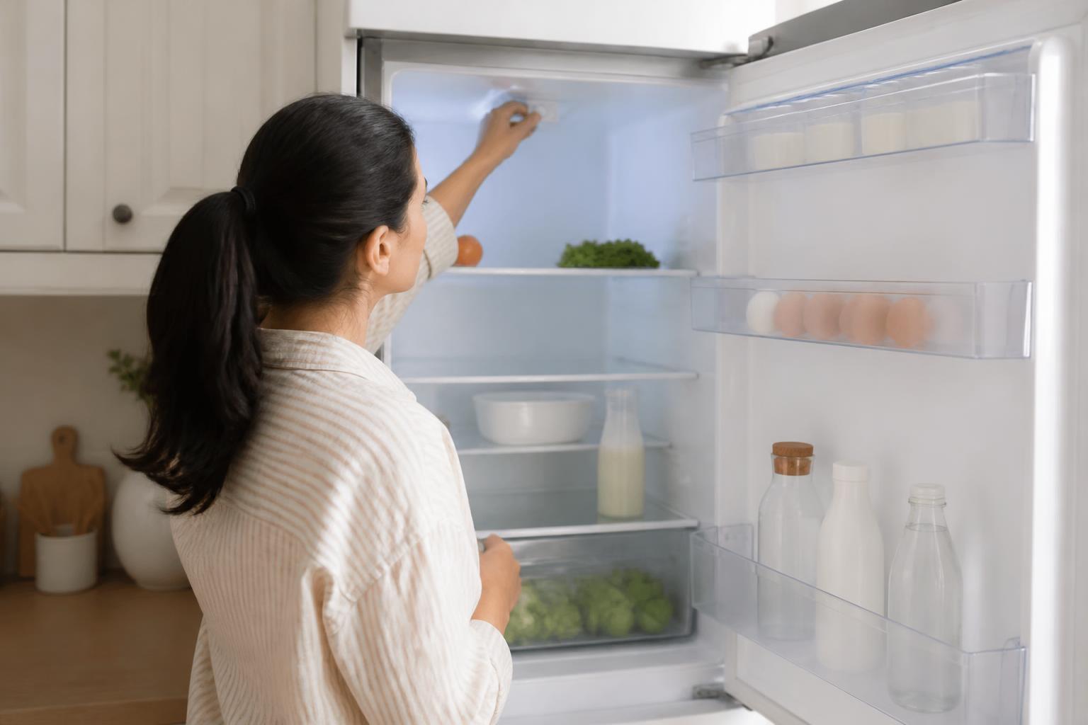 Mulher ajustando o botão de temperatura no interior de uma geladeira aberta