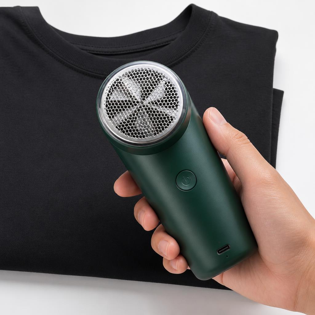 Removedor elétrico de fiapos e bolinhas com grade metálica circular sendo usado em cima de camiseta preta dobrada