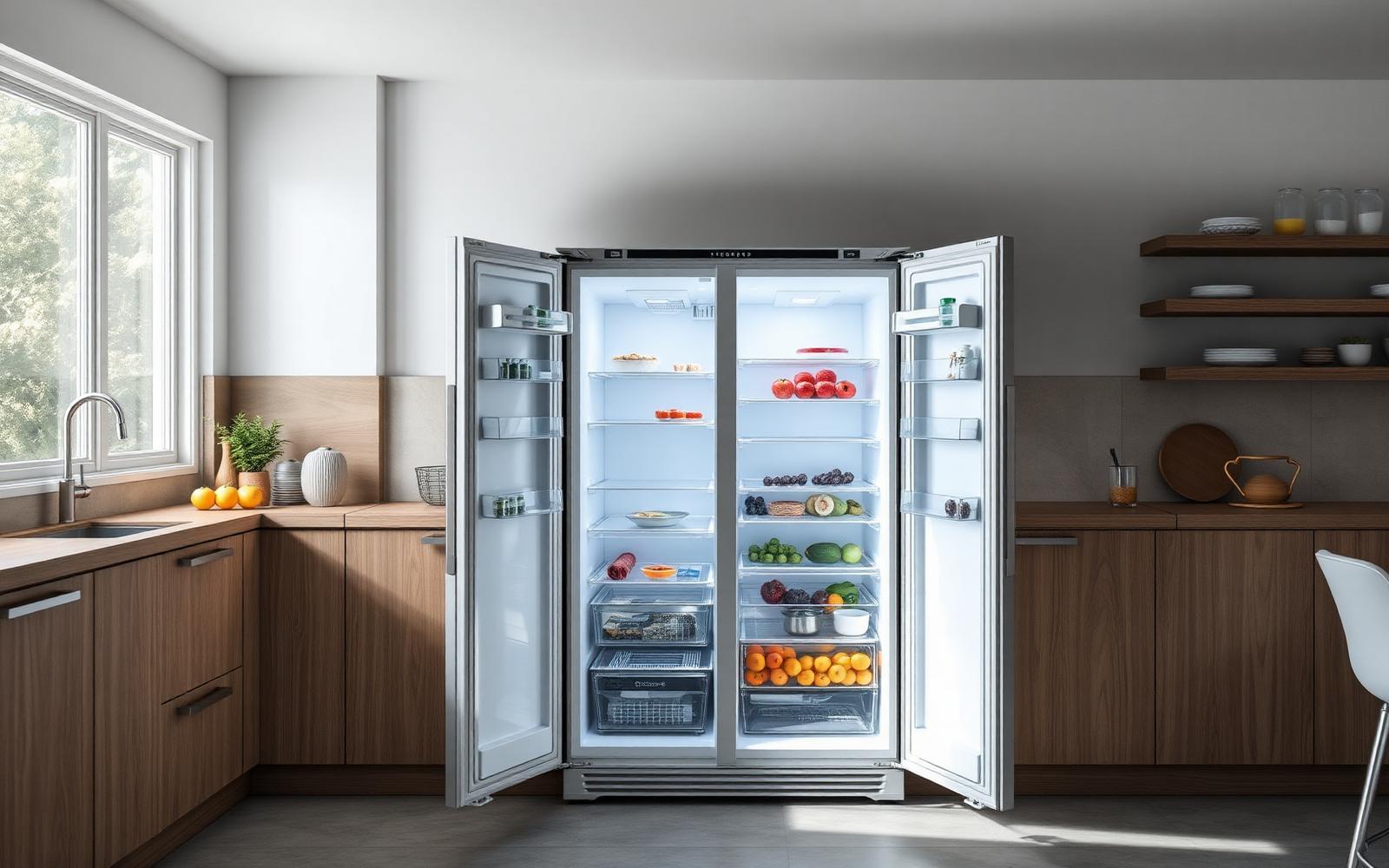 Geladeira Side by Side aberta com freezer à esquerda e refrigerador à direita, ambos verticais