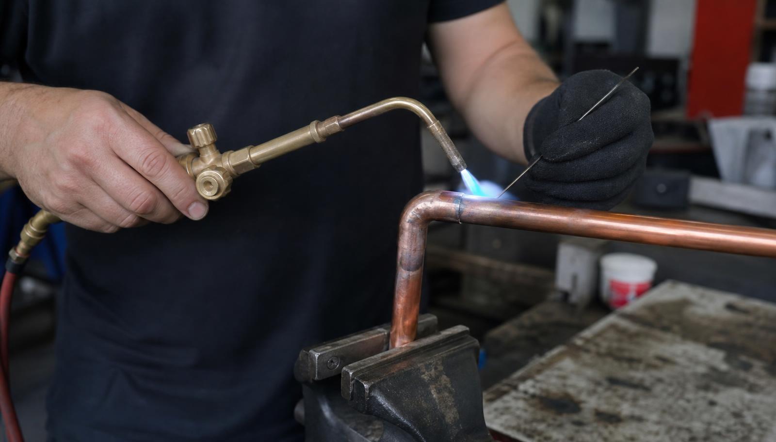 Técnico soldando tubo de cobre de geladeira com maçarico oxiacetilênico de chama azul em oficina de refrigeração