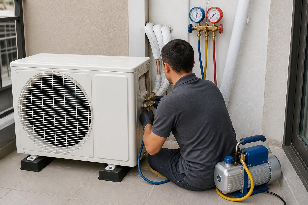 Instalação de split inverter com condensadora, manifold e bomba de vácuo para procedimento correto com gás R-32