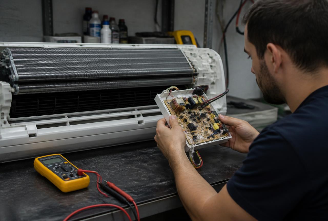 Técnico inspecionando a placa eletrônica de uma evaporadora split na bancada.