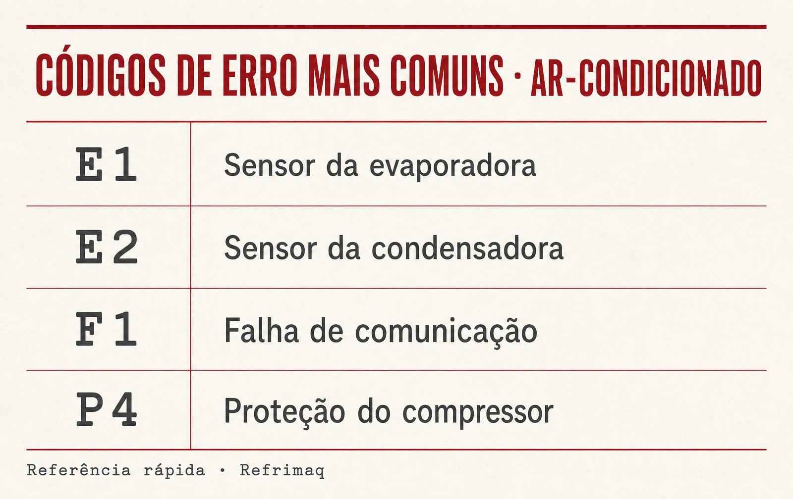 Tabela de referência com os quatro códigos de erro mais comuns de ar-condicionado