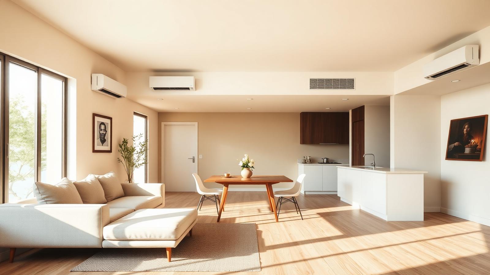 Apartamento amplo com sala de estar, mesa de jantar e cozinha integrada, com dois ar-condicionados split instalados nas paredes.
