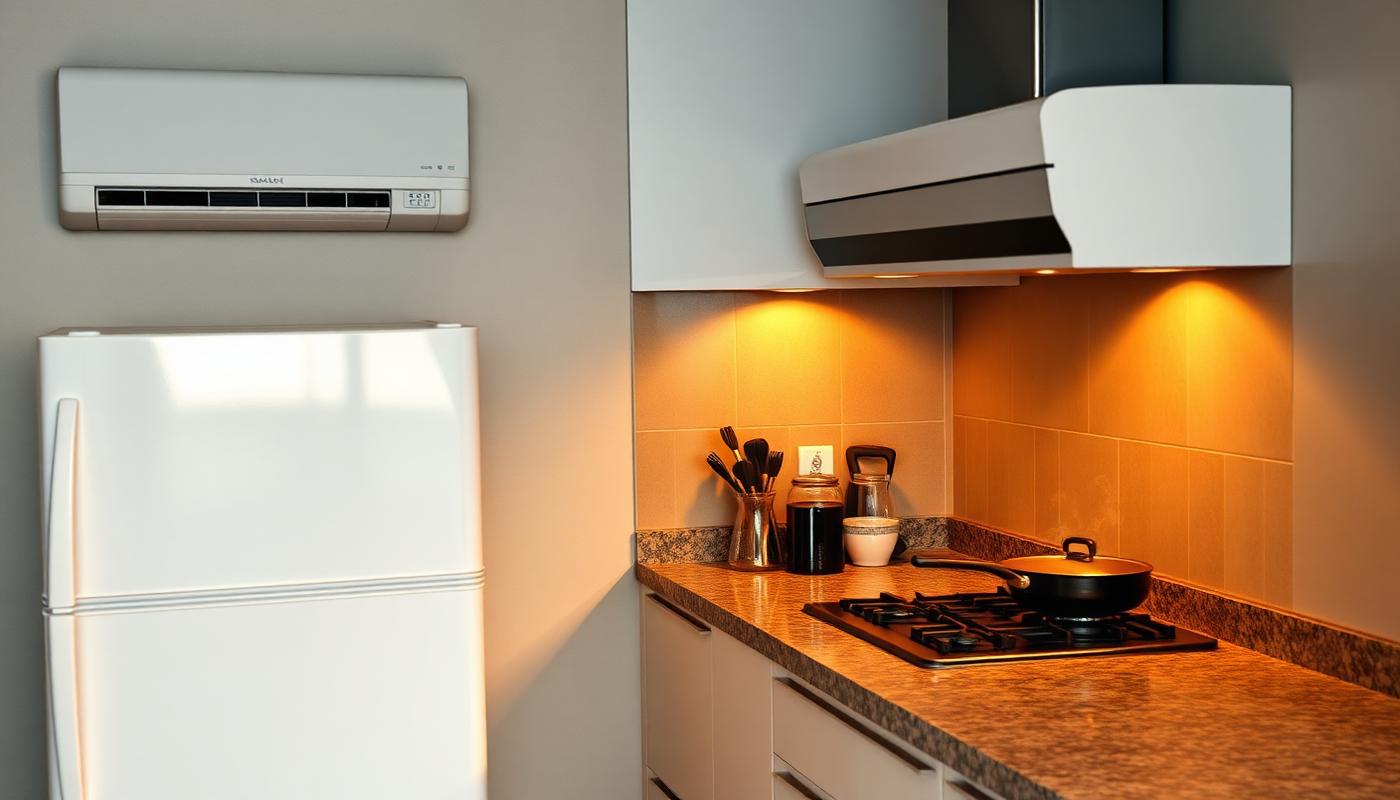 Cozinha residencial com fogão a gás, coifa, geladeira branca e ar-condicionado split instalado na parede.