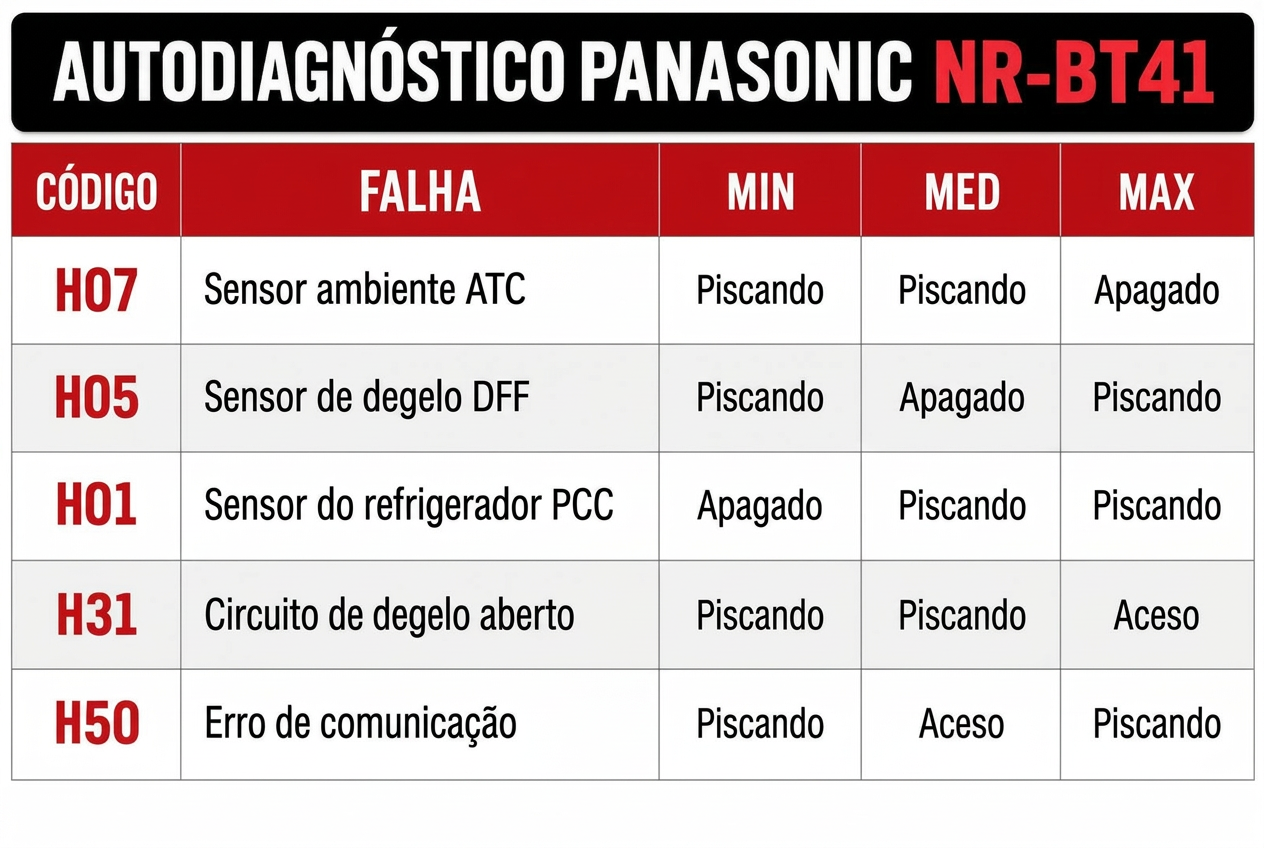 Tabela de autodiagnóstico Panasonic NR-BT41 com códigos H07, H05, H01, H31 e H50