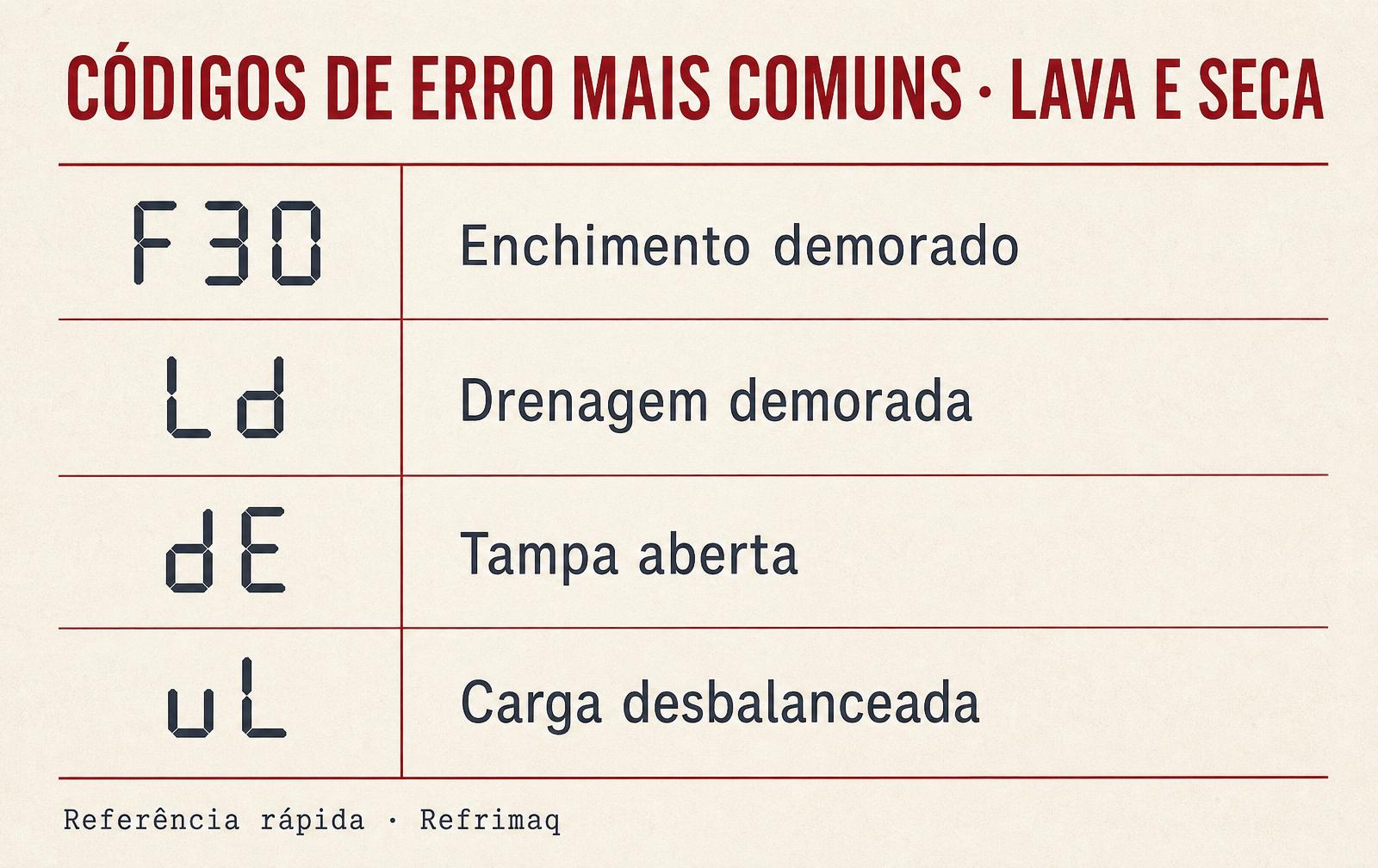 Tabela de referência com os quatro códigos de erro mais comuns de lava e seca