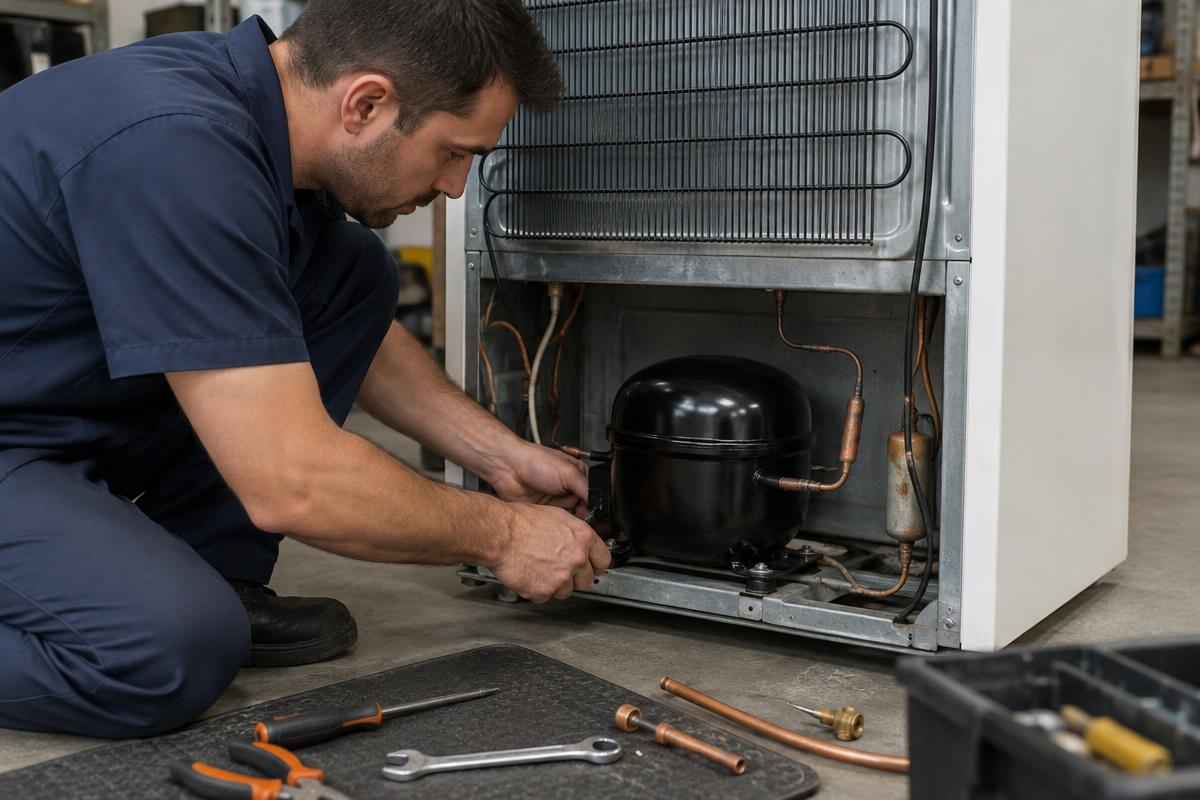 Compressor de geladeira sendo removido de uma bancada de testes com alicate amperímetro conectado aos fios.