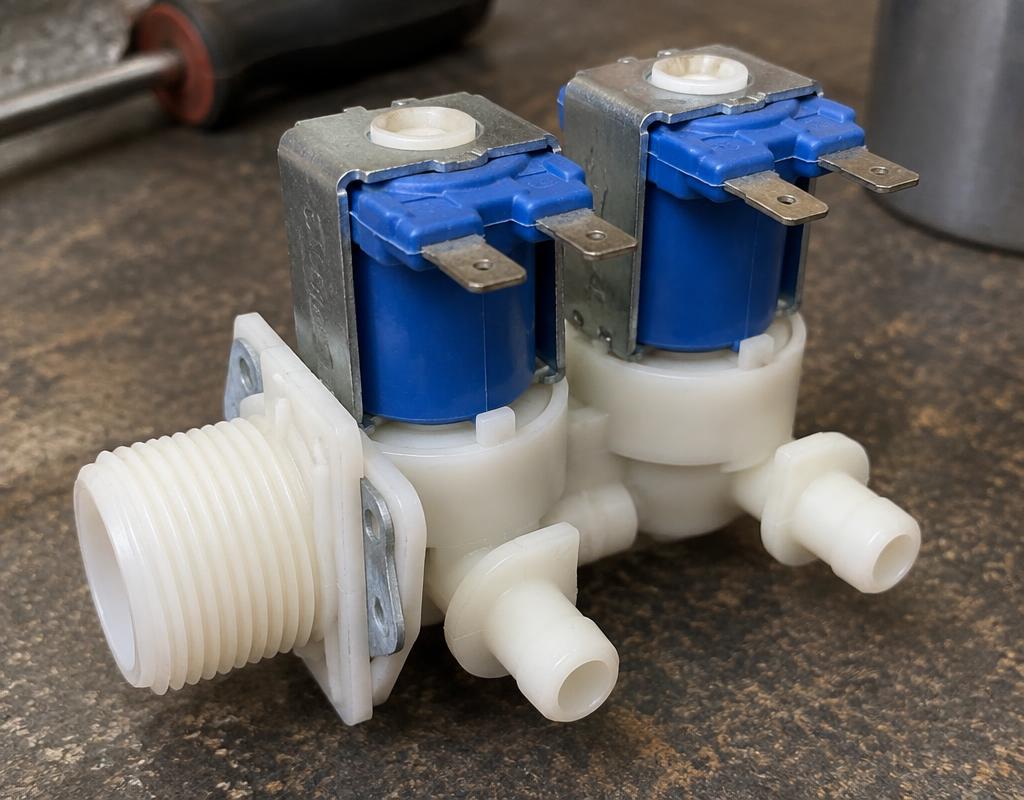Válvula solenoide de entrada de água de lavadora em close sobre bancada
