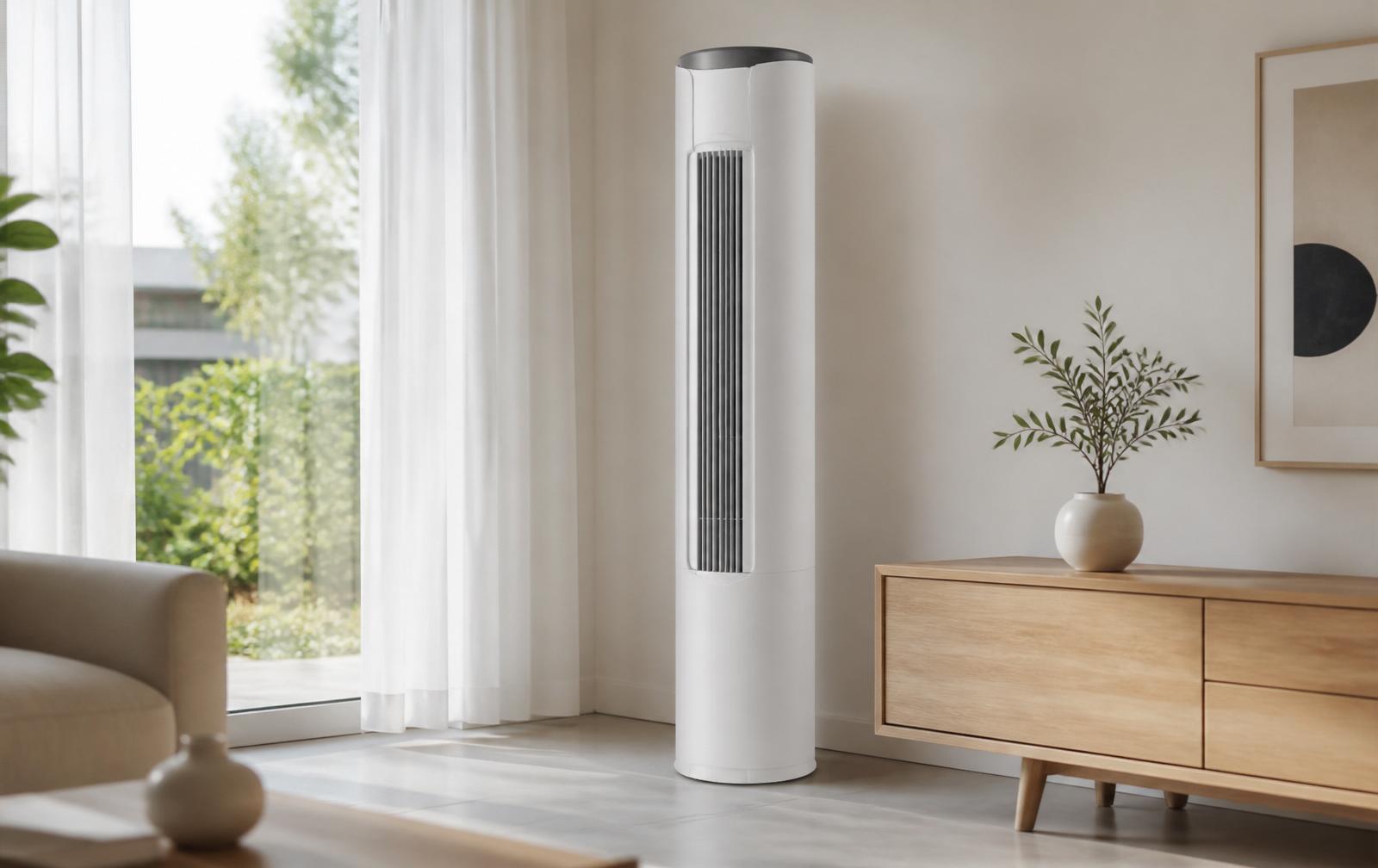 Ar-condicionado vertical branco de coluna instalado em sala moderna clara com sofá e janela