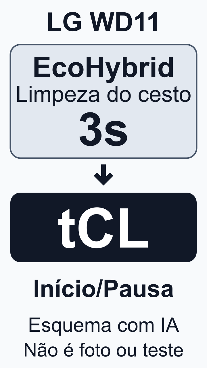 Esquema explicativo com apoio de IA, baseado no manual LG WD11WCS6/WD11VCS6: função Limpeza do cesto, tCL e Início/Pausa; não é foto ou ensaio