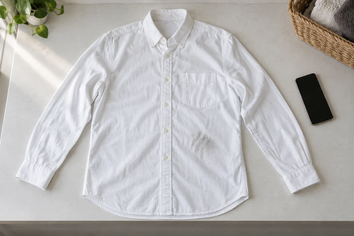 Ilustração realista por IA de camisa branca inteira com marca cinza e celular ao lado, para contextualizar o registro.