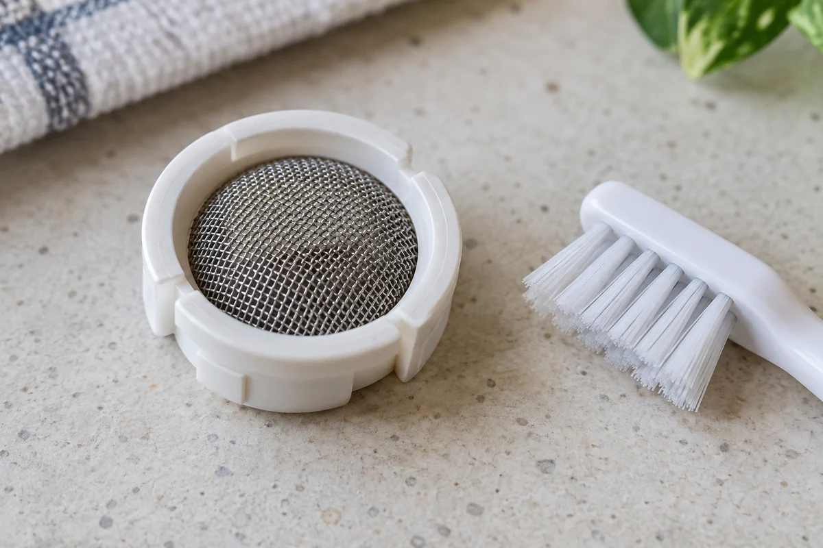Tela-filtro circular genérica isolada em bancada seca, ao lado de escova