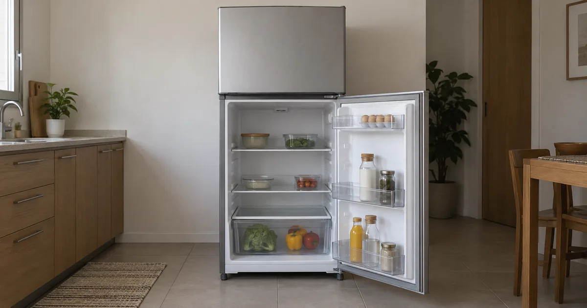 Geladeira inteira com freezer fechado, porta inferior aberta e iluminação interna apagada