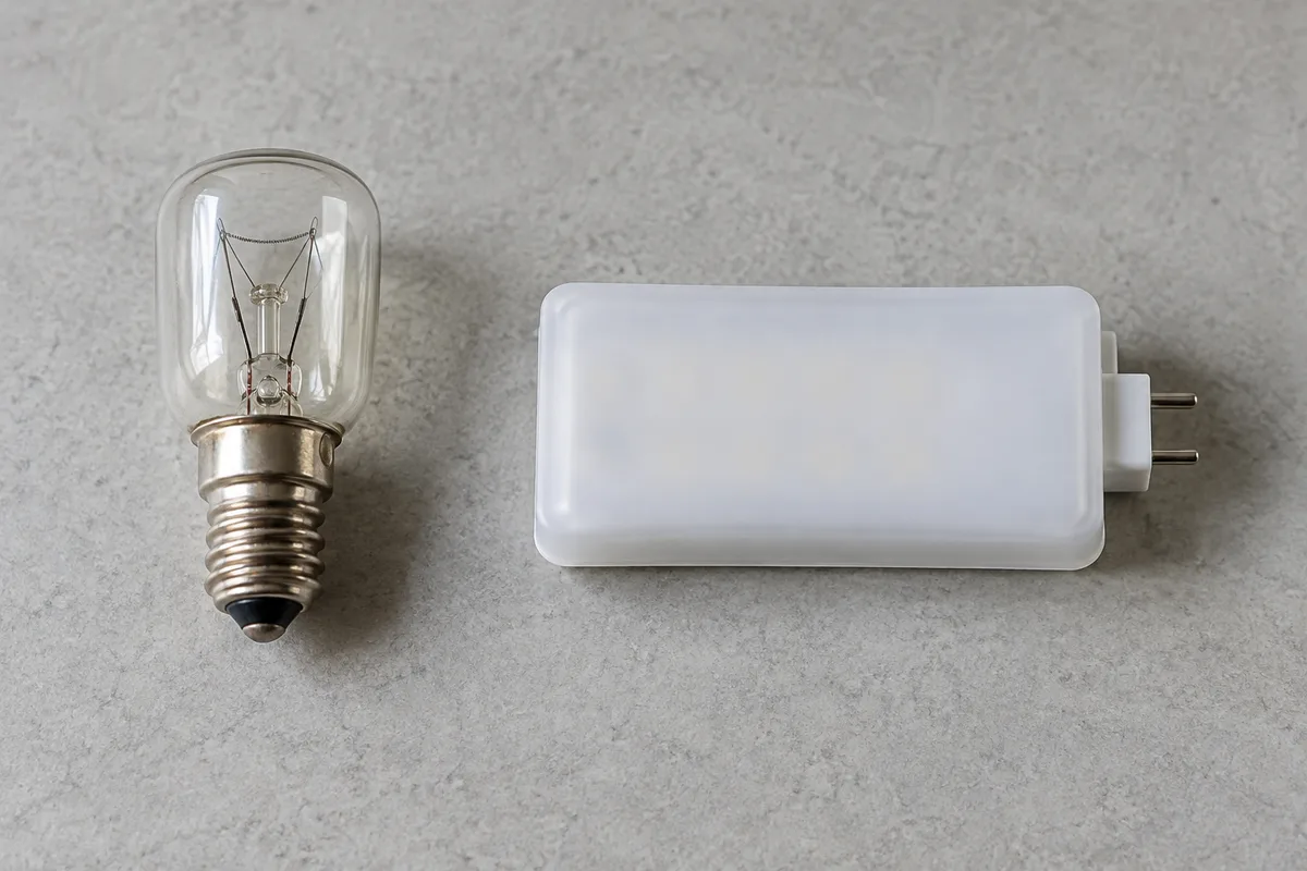 Lâmpada incandescente e módulo de iluminação LED desconectados sobre uma bancada