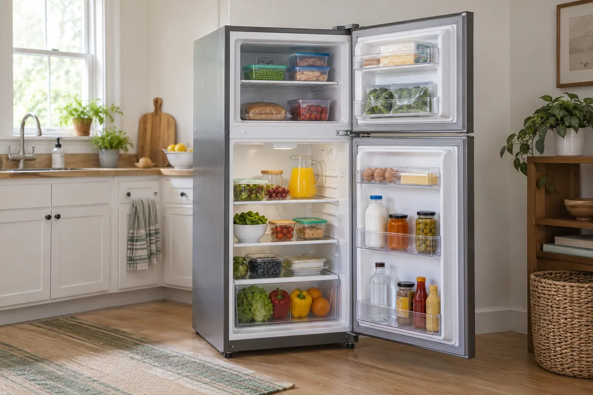 Refrigerador genérico inteiro com as duas portas abertas, prateleiras e recipientes visíveis.