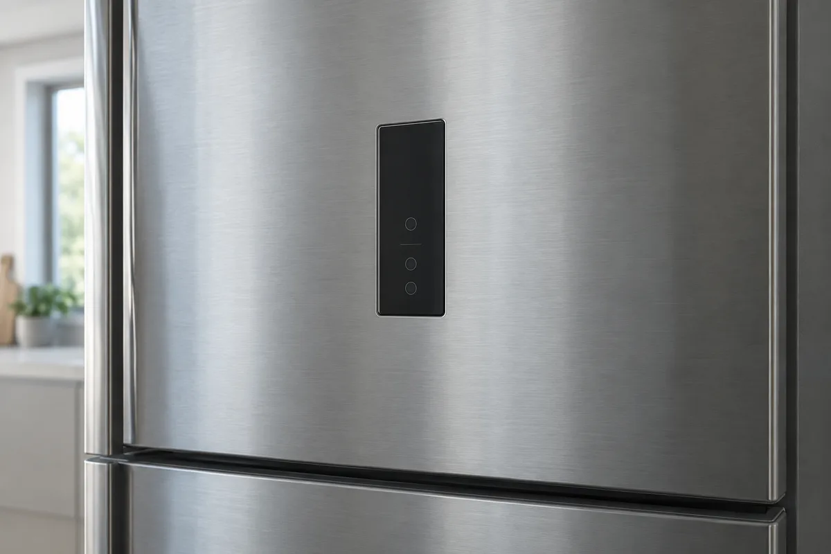 Detalhe completo de painel genérico na porta de um refrigerador, sem código ou valor de temperatura exibido.