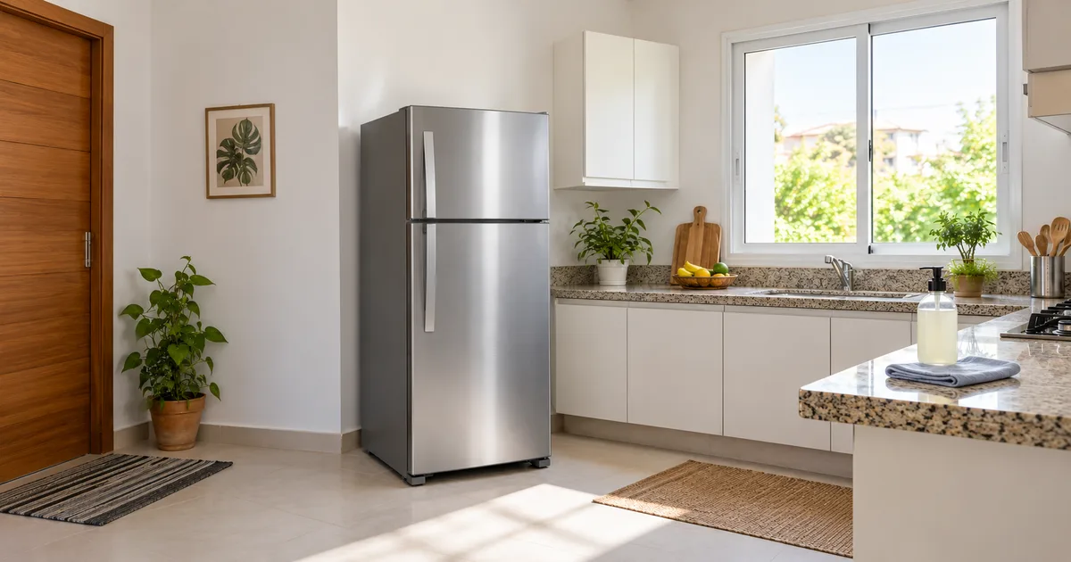 Ilustração gerada por IA de refrigerador genérico inteiro em uma cozinha, com materiais de limpeza fora do aparelho.