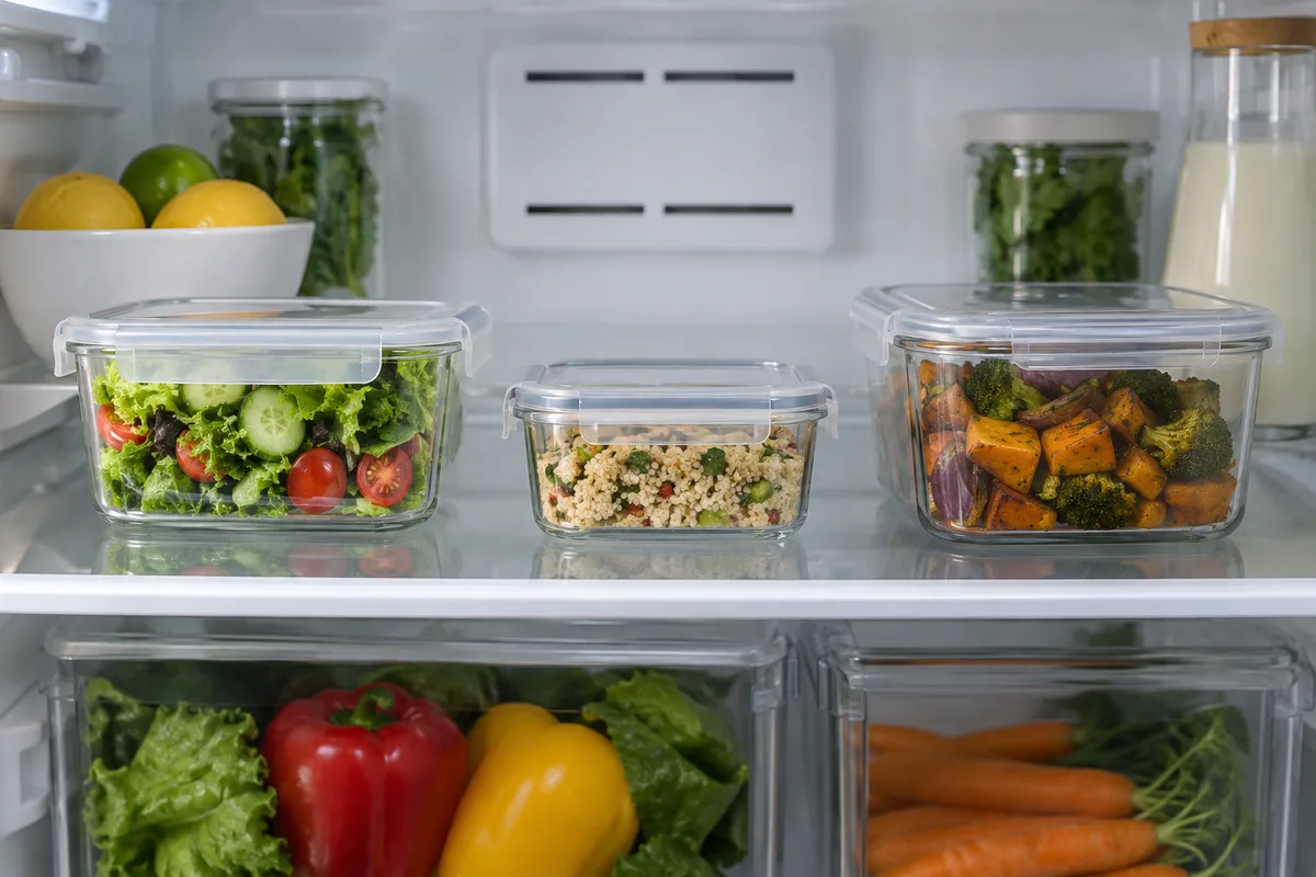 Recipientes genéricos inteiros com tampas fechadas, organizados em uma prateleira de refrigerador.