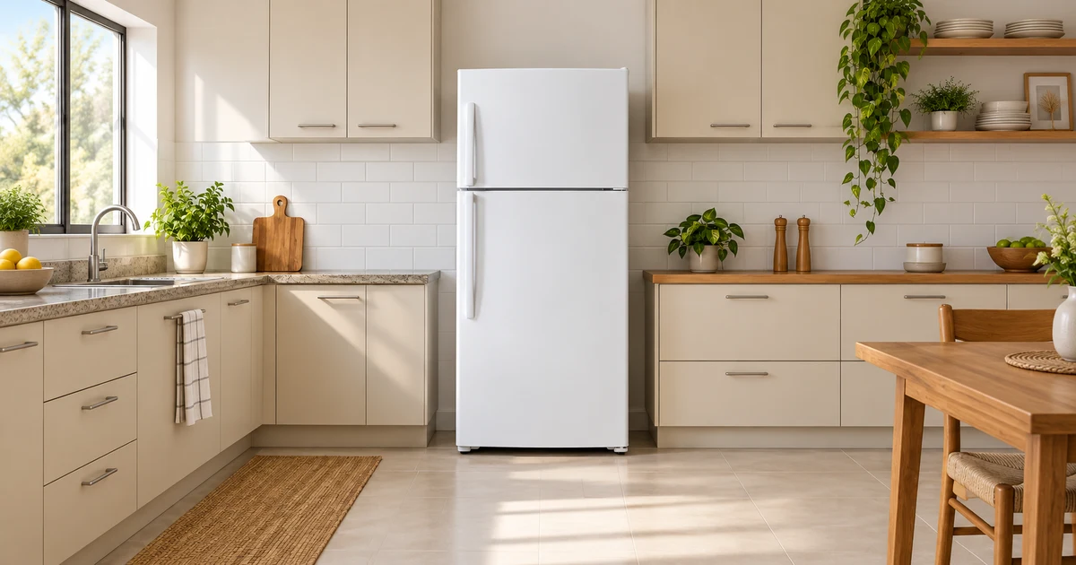 Ilustração de refrigerador doméstico genérico fechado e inteiro em uma cozinha clara.