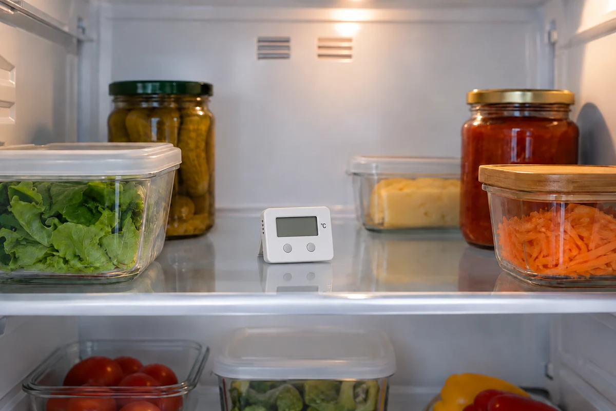 Instrumento eletrônico genérico inteiro no centro de uma prateleira de refrigerador, com visor desligado, em imagem realista gerada por IA.