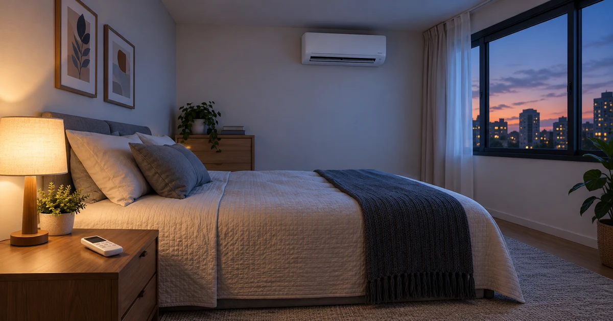 Ilustração de quarto vazio ao anoitecer com ar-condicionado split genérico e controle remoto inteiro sobre a mesa.