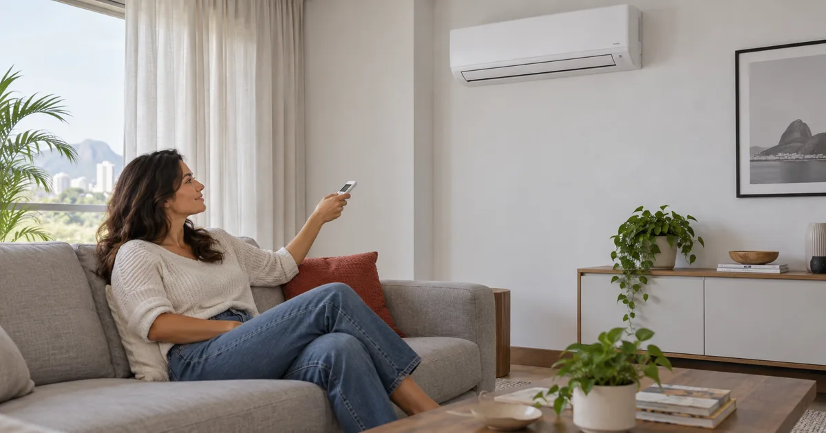 Ilustração de ambiente doméstico com ar-condicionado split genérico e pessoa usando um controle.
