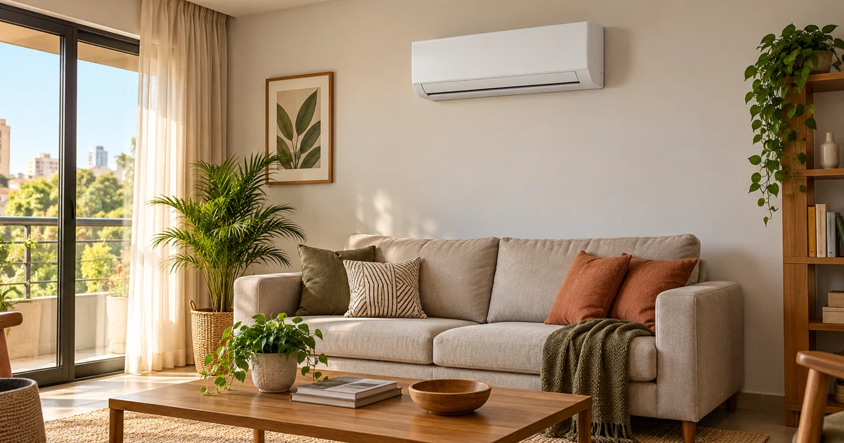 Ilustração gerada por IA de ar-condicionado split genérico completo em uma sala; sem modelo identificado