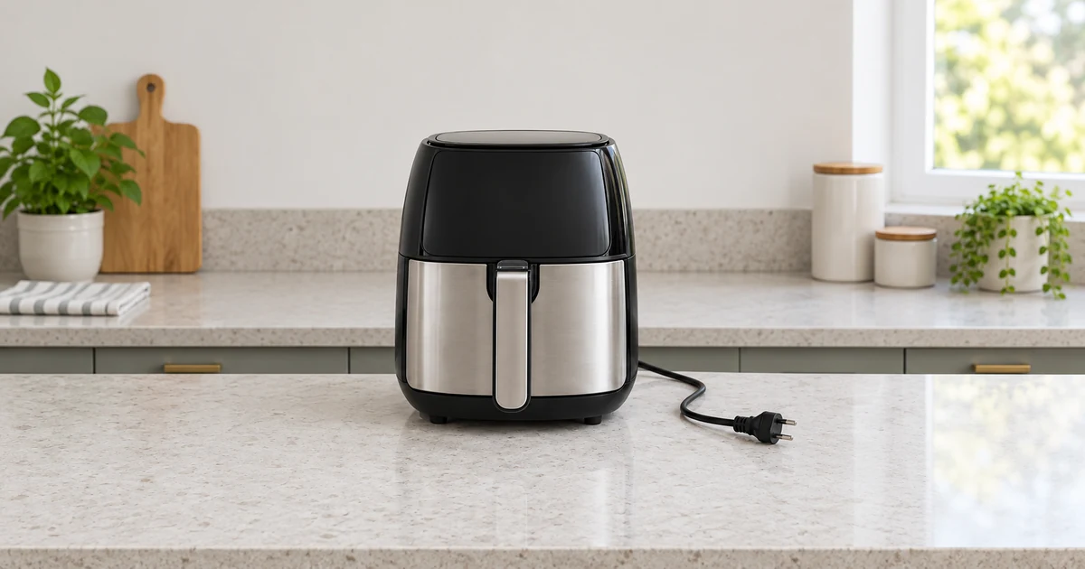 Ilustração por IA de air fryer genérica inteira, fechada e desligada sobre bancada, com plugue desconectado