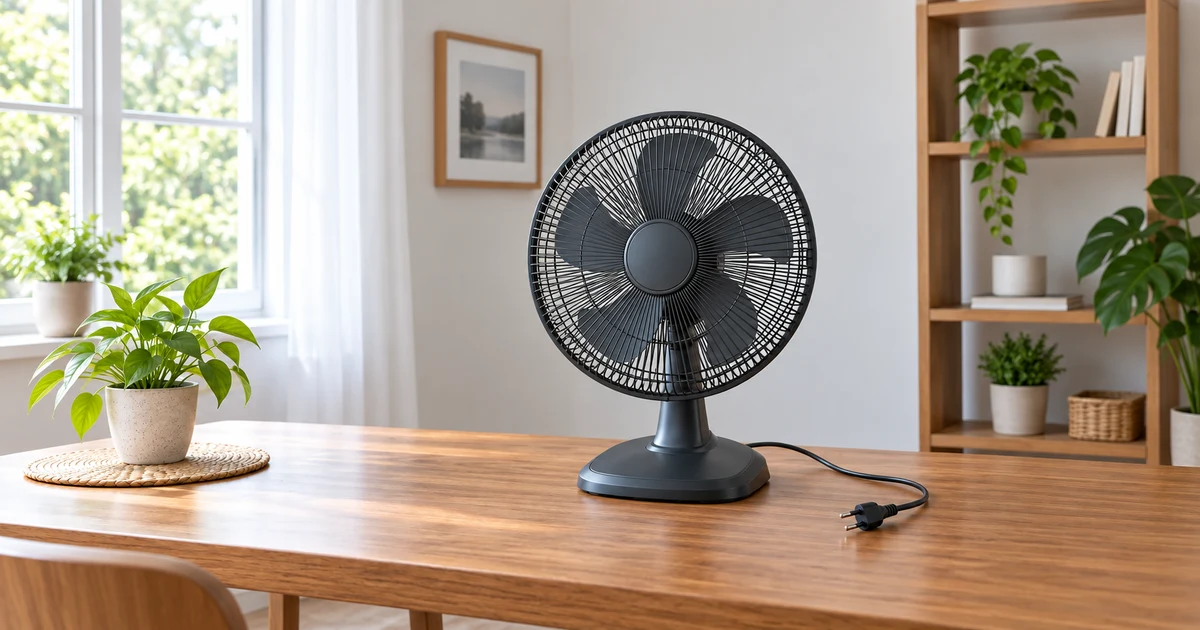 Ilustração de ventilador de mesa genérico, desligado, completo e com grade fechada, em superfície seca e estável.