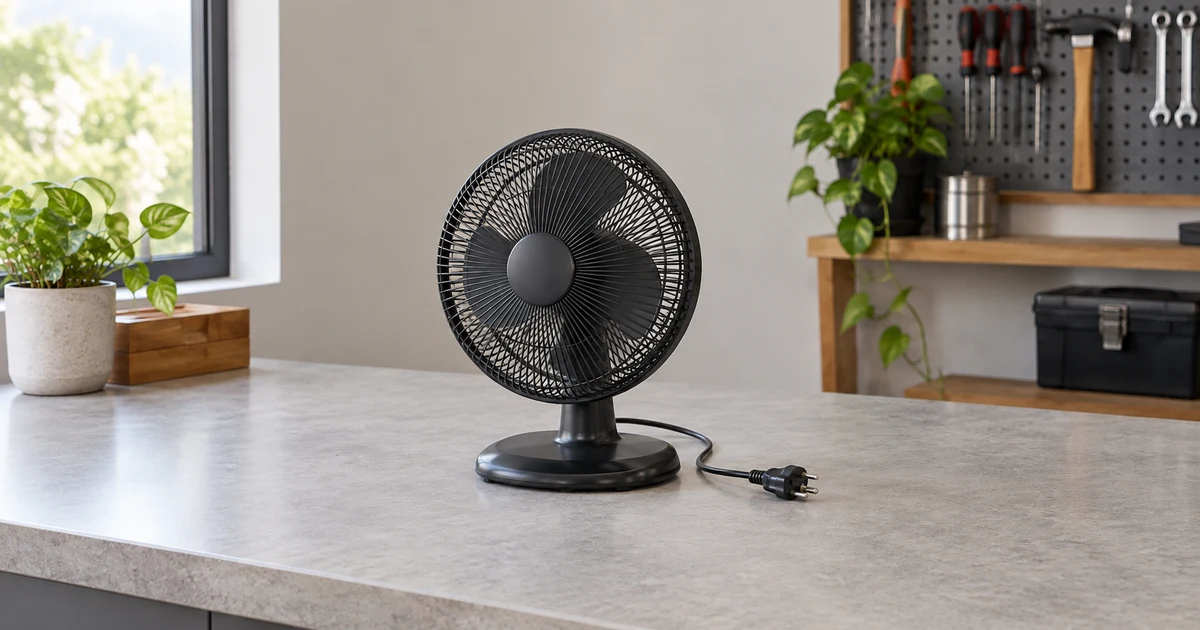 Ilustração por IA de ventilador de mesa genérico inteiro, com grade fechada e plugue desconectado em bancada seca