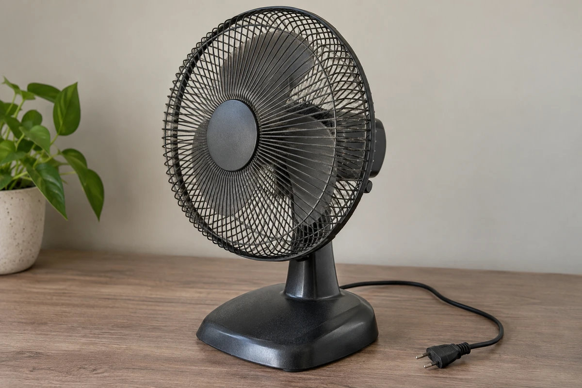Ventilador genérico inteiro com grade fechada, poeira leve e plugue desconectado em bancada seca.