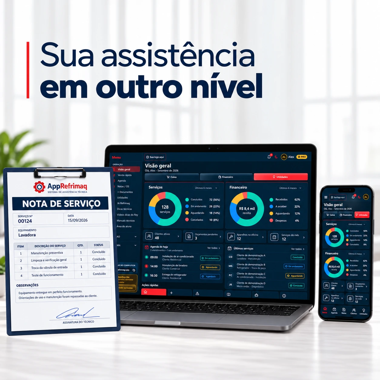 Sua assistência em outro nível. AppRefrimaq no notebook e no celular, com gráficos de gestão e nota de serviço.